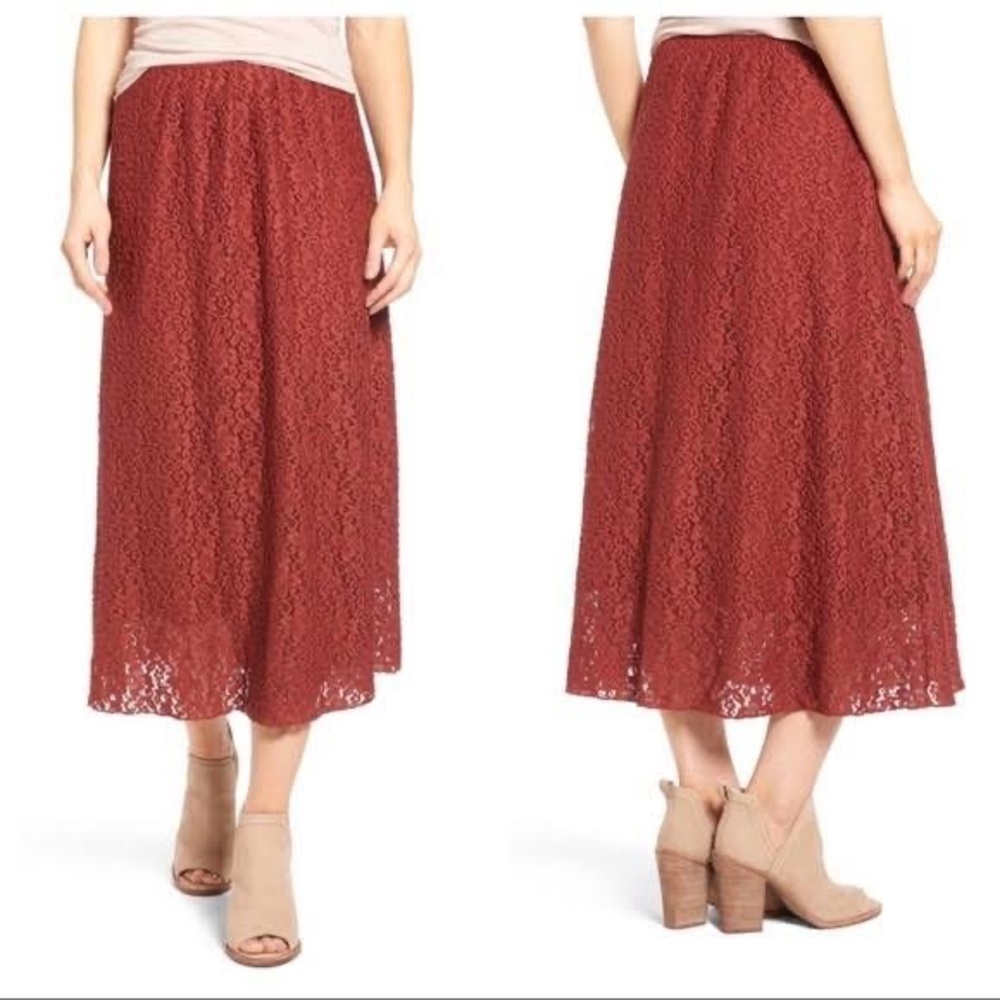 Hinge Nordstrom Lace Midi Skirt in Rust Henna